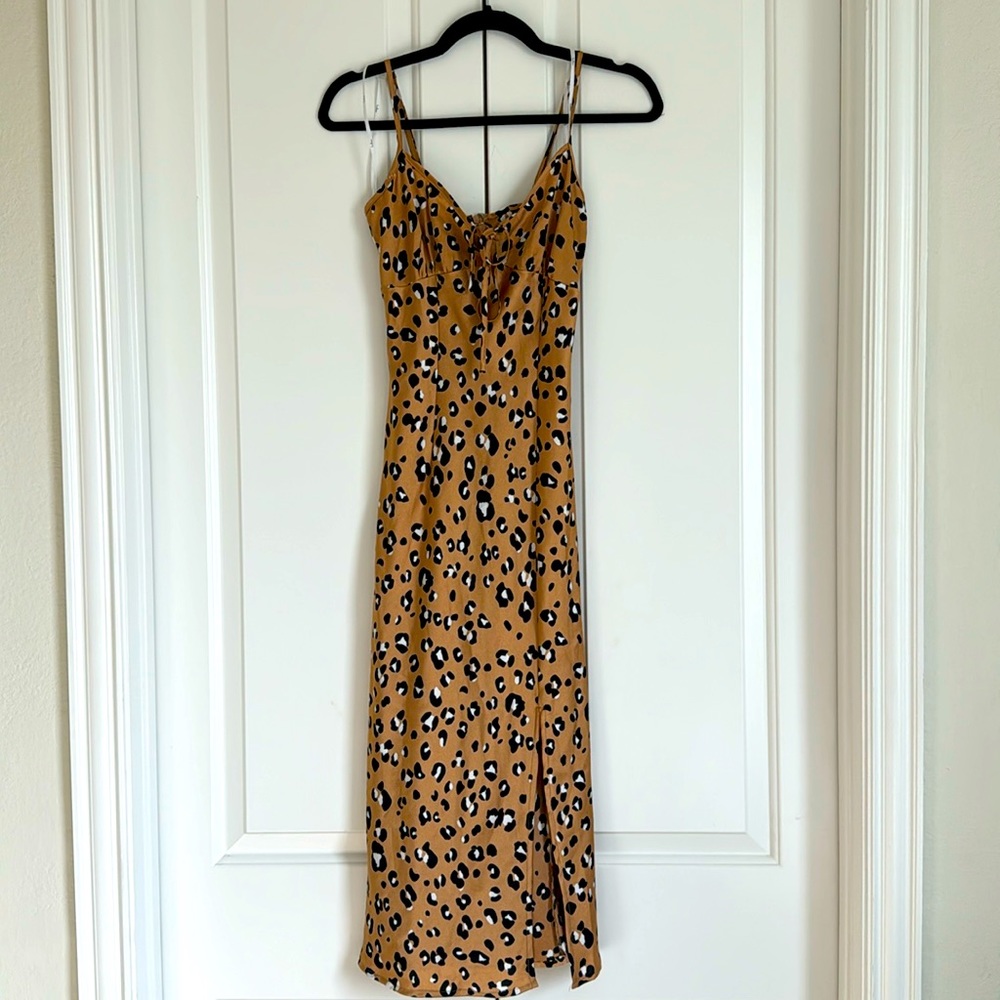 Lulus Leopard Print satin slip dress midi